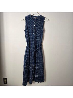 Faherty Size XS Isha Sleevless Midi Dress in Gobi Floral Blue Tie Waist Pintuck